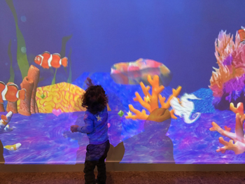 Child touching ocean screen