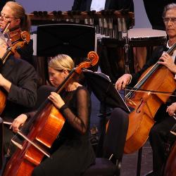 Photo of the Atlantic Classical Orchestra Performing with a focus on the Cellos.							