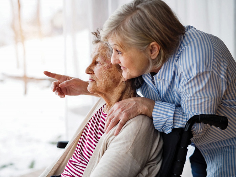 Lady pointing out the window showing a lady in a wheel chair something outside