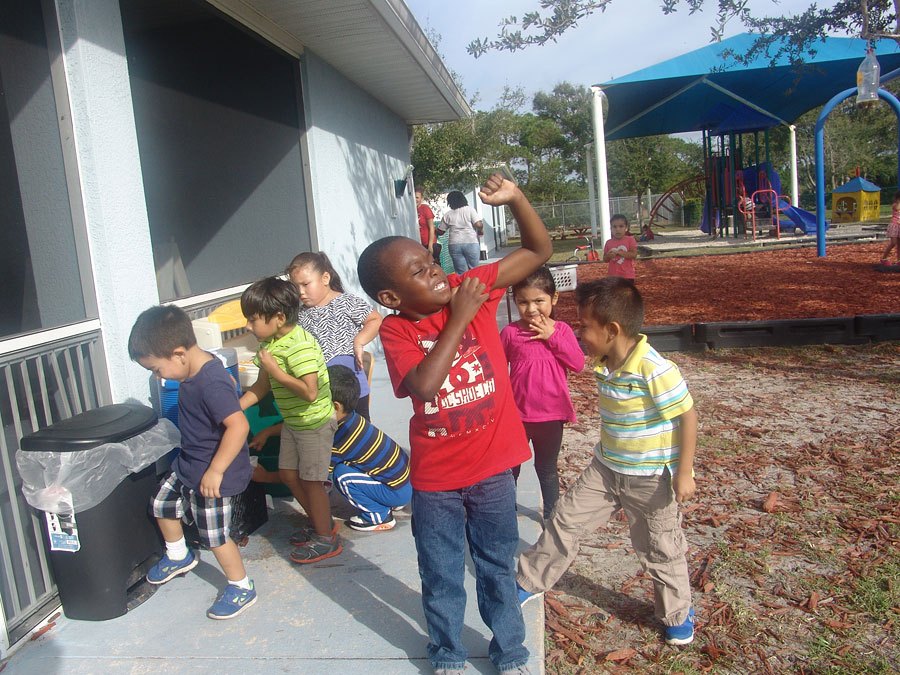 Children going into classroom from playground